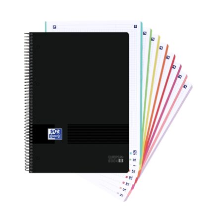 Oxford Europeanbook 8 Live & Go Quaderno a spirale A4+ 160 fogli a quadretti 5x5 - 8 strisce colorate - Copertina in plastica resistente - Colore nero