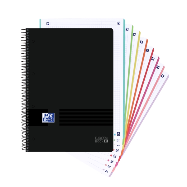 Oxford Europeanbook 8 Live & Go Quaderno a spirale A4+ 160 fogli a quadretti 5x5 - 8 strisce colorate - Copertina in plastica resistente - Colore nero