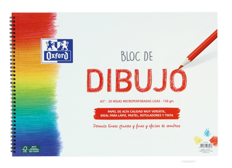 Blocco da disegno scolastico a spirale Oxford A3+ - Copertina morbida/retro rigido - 20 fogli 130 g lisci