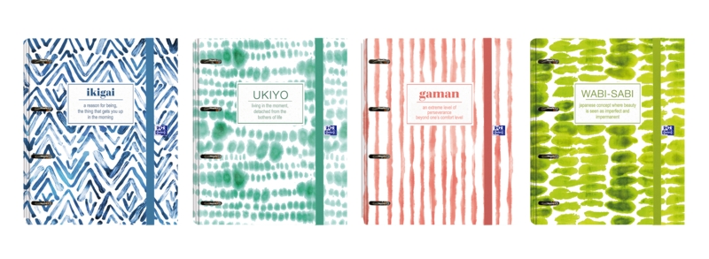 Oxford Japandi Europeanbinder - Copertina a scatto resistente - Dorso da 45 mm - Anelli 4Dx35 mm - Ricarica 5x5 inclusa - 4 modelli vivaci