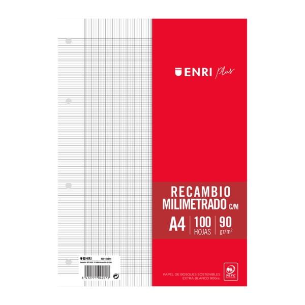 Enri Plus Ricarica A4 100 fogli con margine millimetrato - Carta da 90 g - 4 fori
