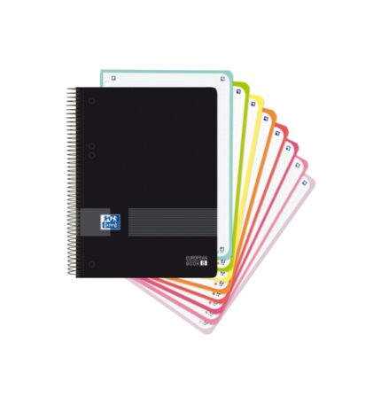 Oxford Europeanbook 8 Live & Go Quaderno a spirale A5+ 160 fogli Griglia 5x5 - 8 strisce colorate - Copertina in plastica resistente - Colore nero
