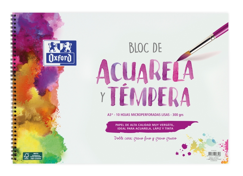 Oxford Pintura Escolar Bloc Espiral Acuarela y Tempera A3+ - Copertina morbida/Retrocopertina rigida - 10 fogli - 300 g Liscio