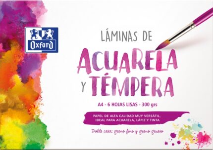 Oxford Pintura Escolar - Confezione di fogli per acquerello e tempera A4 - 6 fogli da 300 g - Ideale per progetti scolastici - Superficie liscia per una finitura professionale