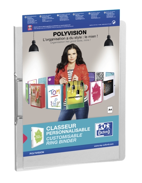 Oxford Polyvision A4+ Raccoglitore con 2 anelli da 25 mm - Dorso da 25 mm - Copertina in plastica personalizzabile - Trasparente
