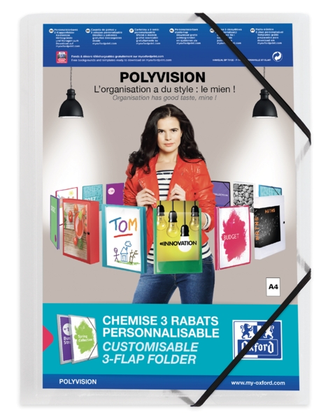 Oxford Polyvision A4+ Cartella con elastici a 3 alette - Copertina in plastica personalizzabile - Dorso trasparente da 30 mm