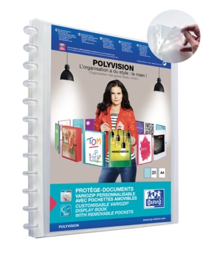 Oxford Polyvision Variozip A4+ Raccoglitore con 20 buste rimovibili - Copertina in plastica personalizzabile - Organizzazione e protezione per i tuoi documenti