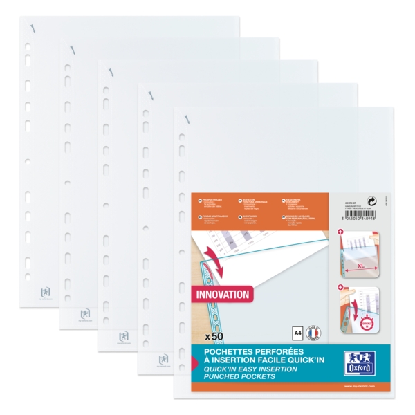 Oxford Quick'In A4 Confezione da 50 Buste Multiforo in Polipropilene Standard Cristallo 50 micron - 11 Fori - Facile Inserimento - Trasparente Oxford Quick'In A4 Confezione da 50 Buste Multiforo in Polipropilene Standard Cristallo 50 micron - 11 Fori - Facile Inserimento - Trasparente