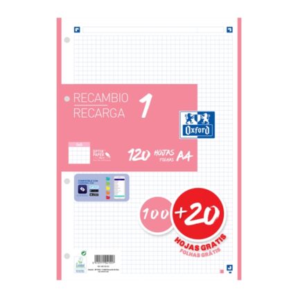Ricarica Oxford School A4 120 fogli a quadretti 5x5 mm - 4 fori - Fascia rosa