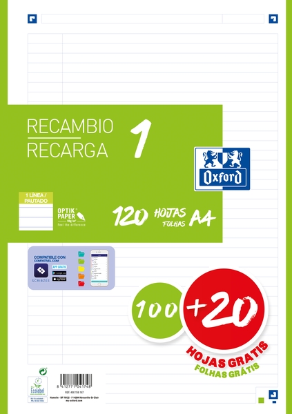 Ricarica Oxford School A4 120 fogli 1 riga - 4 fori - Bordo verde