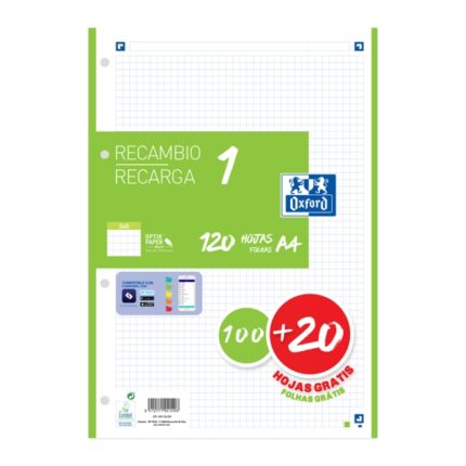 Ricarica Oxford School A4 120 fogli a quadretti 5x5 mm - 4 fori - Fascia verde