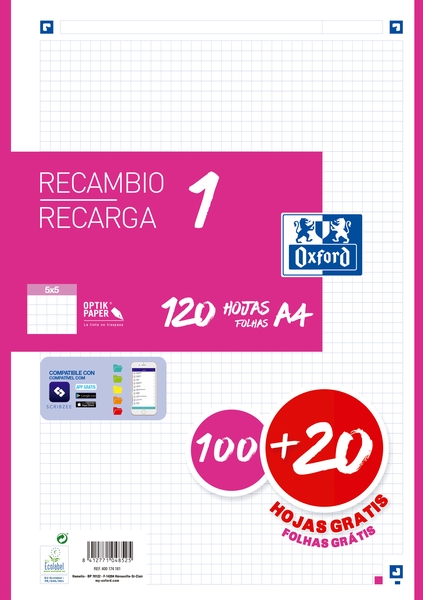 Ricarica Oxford School A4 120 fogli a quadretti 5x5 mm - 4 fori - Fascia color fucsia
