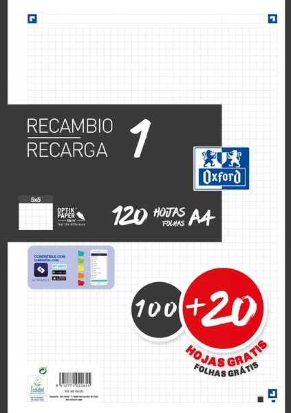 Ricarica Oxford School A4 120 fogli a quadretti 5x5 mm - 4 fori - Fascia nera