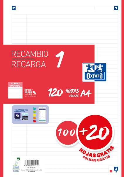 Ricarica Oxford School A4 120 fogli 1 riga - 4 fori - Bordo rosso