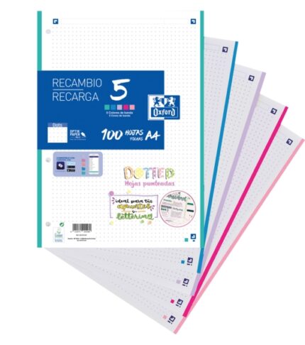 Oxford 5 Dotted Ricarica da 100 fogli formato A4 a puntini 4 fori - Fascia in 5 colori pastello