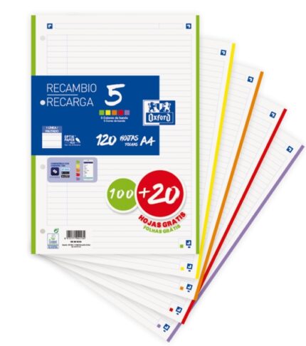 Ricarica Oxford School con 120 fogli A4 a 1 riga - 5 strisce colorate