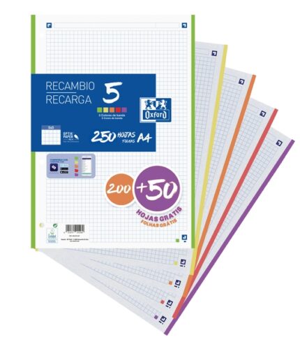 Ricarica Oxford School con 250 fogli A4 a quadretti 5x5 - 5 strisce colorate