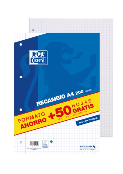 Ricarica Oxford School Classic con 250 fogli A4 a quadretti 4x4 con margine