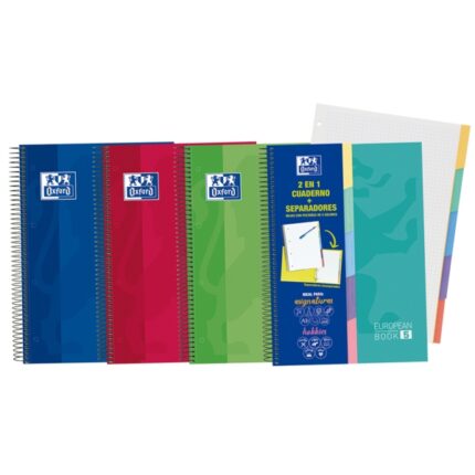 Oxford School Classic A4+ Europeanbook - Copertina extra resistente - 100 fogli a quadretti 5x5 - 5 linguette fustellate - Colori assortiti