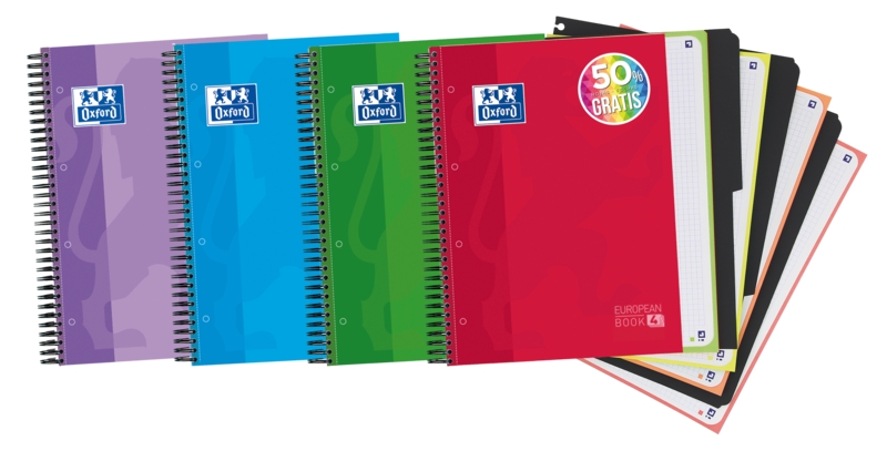 Oxford School Classic Europeanbook 4 Quaderno a doppia spirale A4+ a quadretti 5x5 - 120 fogli microperforati a 4 fori - Copertina extra resistente - Include 3 divisori - Colori assortiti