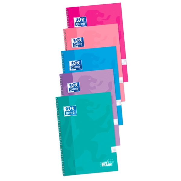 Oxford School Classic Quaderno a spirale con copertina estraibile Write&Erase - Formato 4x4 con margine - 80 fogli - Colori assortiti