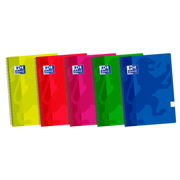 Oxford School Classic Fº Quaderno a spirale - Copertina in plastica resistente - Griglia 5x5 con margine - 80 fogli - Colori assortiti