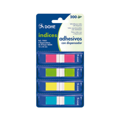 Dohe Confezione da 4 mini-foglietti adesivi riposizionabili da 50 pezzi ciascuno - Dimensioni 12x45 mm - Dispenser con 4 colori - Ideale per l'ufficio e la scuola - Colori assortiti