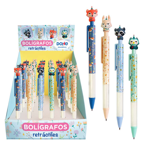 Dohe Forest Elves Penne a scatto - Punta a sfera metallica da 1 mm - Inchiostro a base di olio di colore blu - Corpo in plastica dai colori vivaci - Decorate con motivi Forest Elves