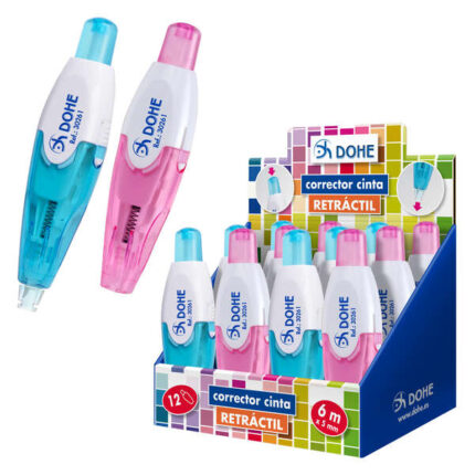 Espositore Dohe con 12 correttori a nastro retrattili 5 mm x 6 m - Corpo traslucido - Colori blu e rosa