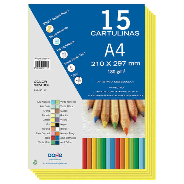 Dohe Confezione da 15 fogli di cartoncino A4 da 180 g - A pH neutro - Senza cloro elementare - Colore Girasole