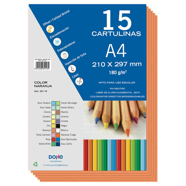 Dohe Confezione da 15 fogli di cartoncino A4 da 180 g - A pH neutro - Senza cloro elementare - Colore arancione