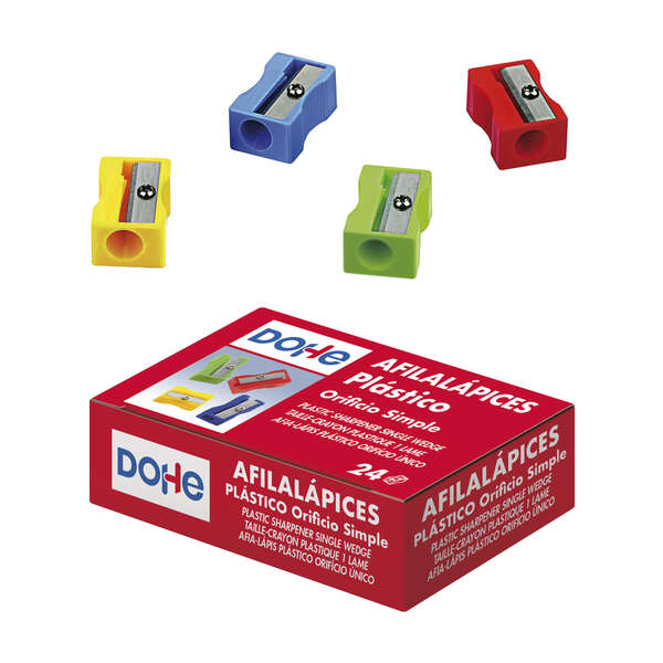 Dohe Confezione da 24 temperamatite in plastica resistente - Forma rettangolare - Lama in acciaio - Colori assortiti Dohe Confezione da 24 temperamatite in plastica resistente - Forma rettangolare - Lama in acciaio - Colori assortiti