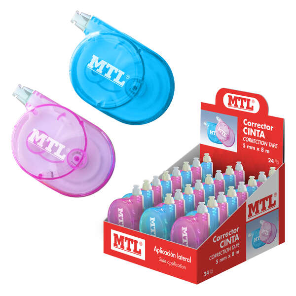 Dohe MTL Espositore da 12 correttori a nastro con applicazione laterale - Larghezza 5 mm - Applicazione pulita e precisa - Copertura rapida - Corpo in plastica trasparente - Colori blu e rosa