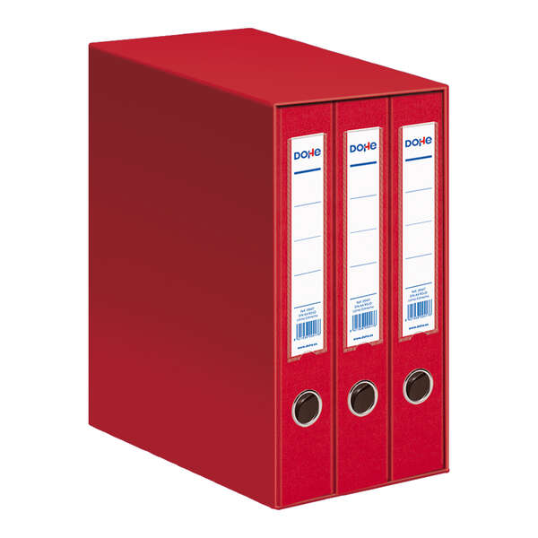 Dohe Modulo da 3 raccoglitori A4 a dorso stretto con anello e gancio - Cartone rivestito in polipropilene - Angolari metallici - Leva di massima qualità - Colore rosso Dohe Modulo da 3 raccoglitori A4 a dorso stretto con anello e gancio - Cartone rivestito in polipropilene - Angolari metallici - Leva di massima qualità - Colore rosso