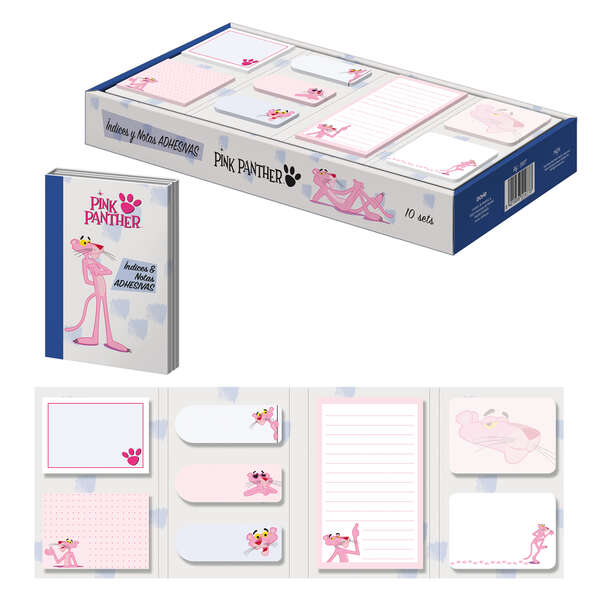 Dohe Espositore di indici e note adesive Pink Panther - Set da 10 - Pre-stampati a colori - Adesivo potente - Ideale per segnalazioni e classificazioni - 8 blocchi da 20 fogli