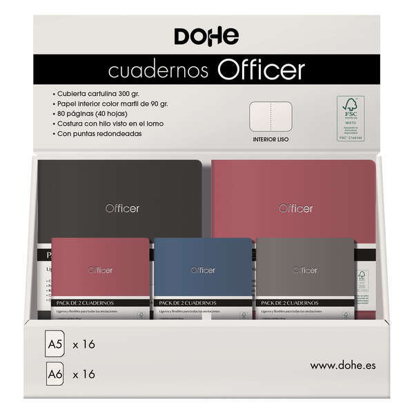 Dohe Espositore di quaderni Officer - Formato A5 e A6 - Copertina in cartoncino da 300 g - Stampa sulla copertina - Interno con 40 fogli lisci in carta color avorio da 90 g - Confezionato in sacchetti termoretraibili da 2 unità