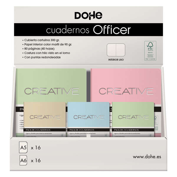 Dohe Espositore di quaderni Officer - Formato A5 e A6 - Copertina in cartoncino da 300 g - Stampa sulla copertina - Angoli arrotondati - Dorso arrotondato - Rilegatura cucita - Confezionati in pacchi da 2 unità