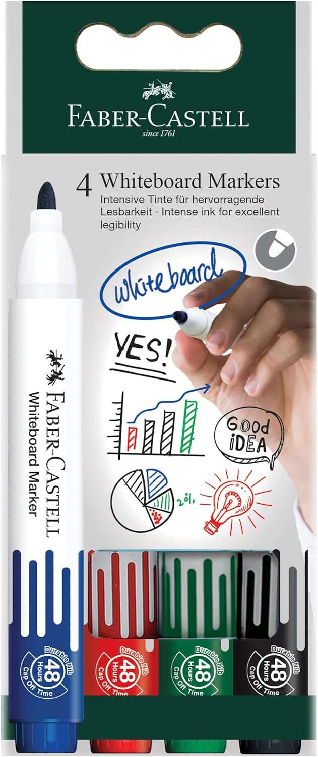 Faber-Castell W20 Confezione da 4 pennarelli per lavagna bianca - Punta a pallina - Larghezza tratto 2