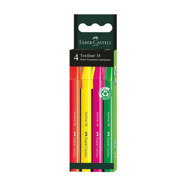 Faber-Castell Textliner 38 Confezione da 4 pennarelli fluorescenti - Corpo sottile - Punta smussata - Tratto spesso e sottile - Inchiostro a base d'acqua - Colori assortiti
