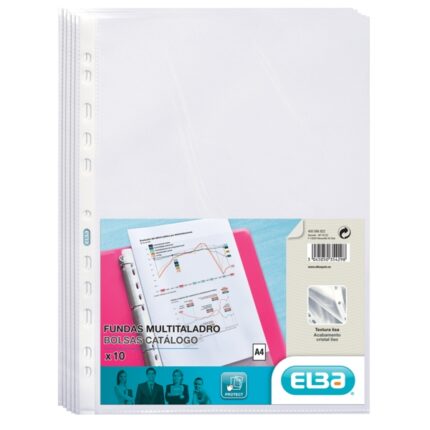 Elba Confezione da 10 buste multiforo in PP 70 micron - Formato A4 - Finitura cristallina - Trasparente