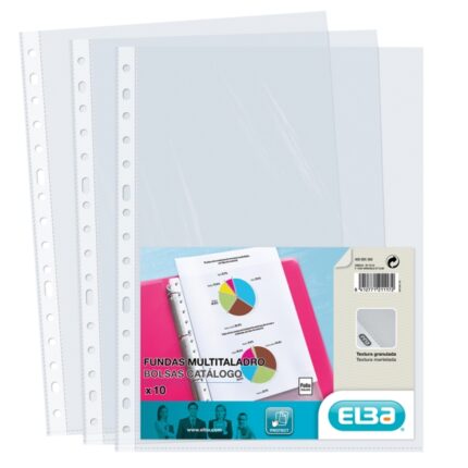 Elba Confezione da 10 buste multiforo in PP 90 micron - Formato Folio - Finitura pelle arancione - Trasparente