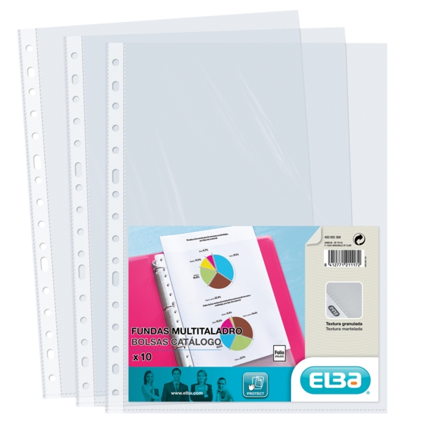 Elba Confezione da 10 buste multiforo in PP 90 micron - Formato Folio - Finitura pelle arancione - Trasparente