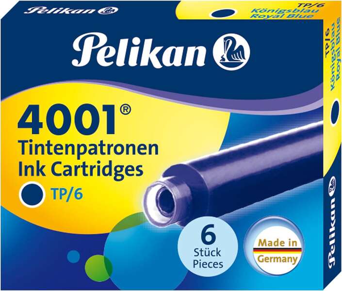 Pelikan 4001 TP/6 Confezione da 6 cartucce - Inchiostro di alta qualità - Compatibile con penne stilografiche - Colore blu reale Pelikan 4001 TP/6 Confezione da 6 cartucce - Inchiostro di alta qualità - Compatibile con penne stilografiche - Colore blu reale
