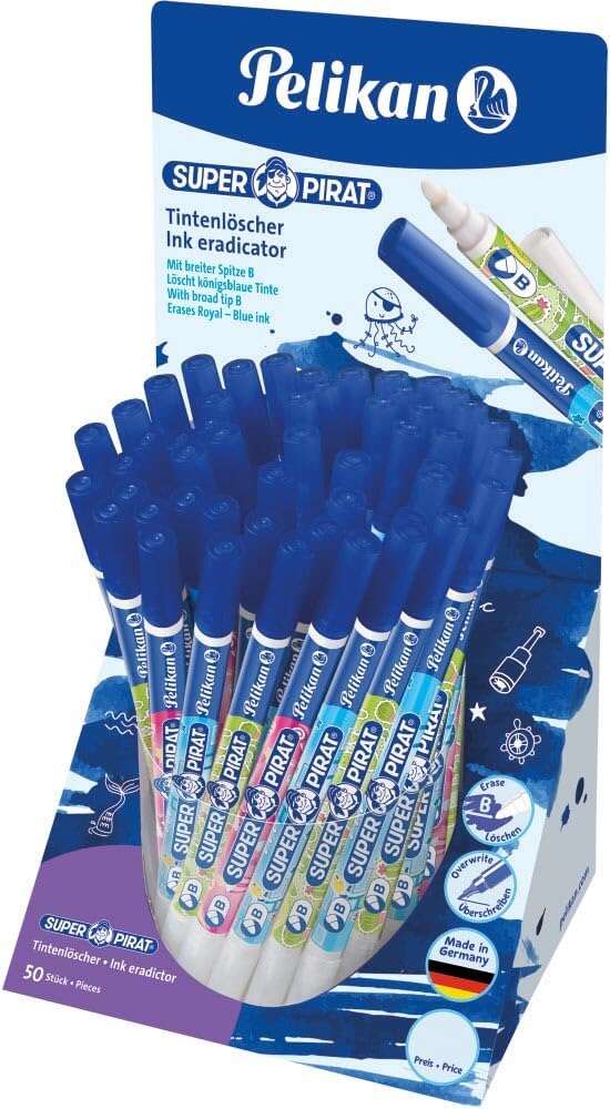 Pelikan Espositore da 50 penne Super Pirat 850 B - Cancella inchiostro per penne stilografiche e roller - Punta bianca e riscrive - Punta M a forma di scalpello - Colore blu
