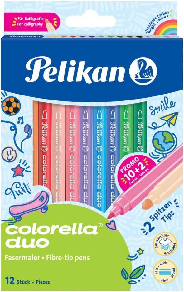 Pelikan Confezione da 12 pennarelli scolastici Colorella Duo C407 10+2 colori - Doppia punta fine 1 mm e spessa 2 mm - Lavabili