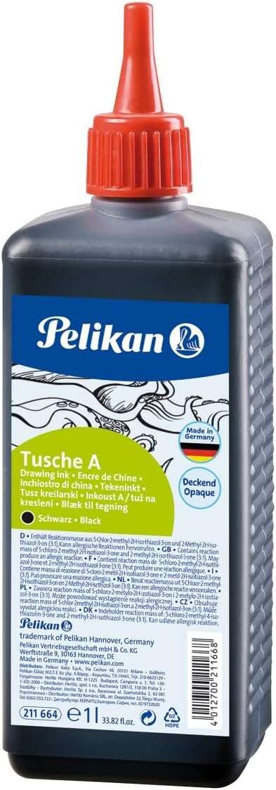 Inchiostro di china Pelikan 523 1 litro - Ideale per disegno e calligrafia - Resistente all'acqua - Asciugatura rapida - Colore nero