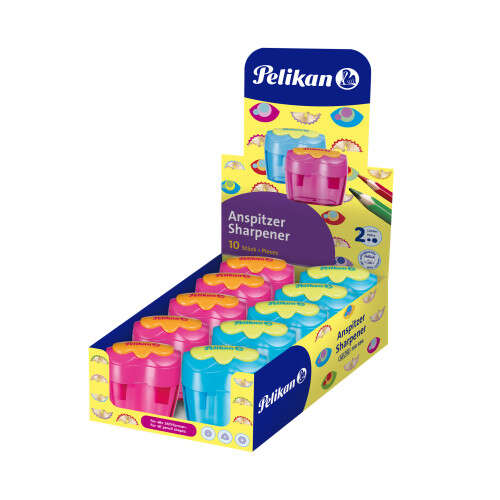 Pelikan Flower Espositore da 10 temperamatite a 2 fori con coperchio - Contenitore per residui - Lame in acciaio inossidabile - Colori blu e rosa