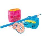 Pelikan Flower Espositore da 10 temperamatite a 2 fori con coperchio - Contenitore per residui - Lame in acciaio inossidabile - Colori blu e rosa - immagine 2