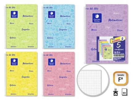 Golden Pack da 5 quaderni per scuola Folio 80 fogli 90 g quadretti 4x4 - Resistente - Copertina in plastica - Ideale per studenti - Colori pastello assortiti