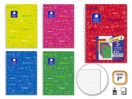 Golden Confezione da 5 quaderni formato Folio 80 fogli 90 g/m² quadretti 4x4 - Resistente - Ideale per studenti - Copertina rivestita - Colori assortiti